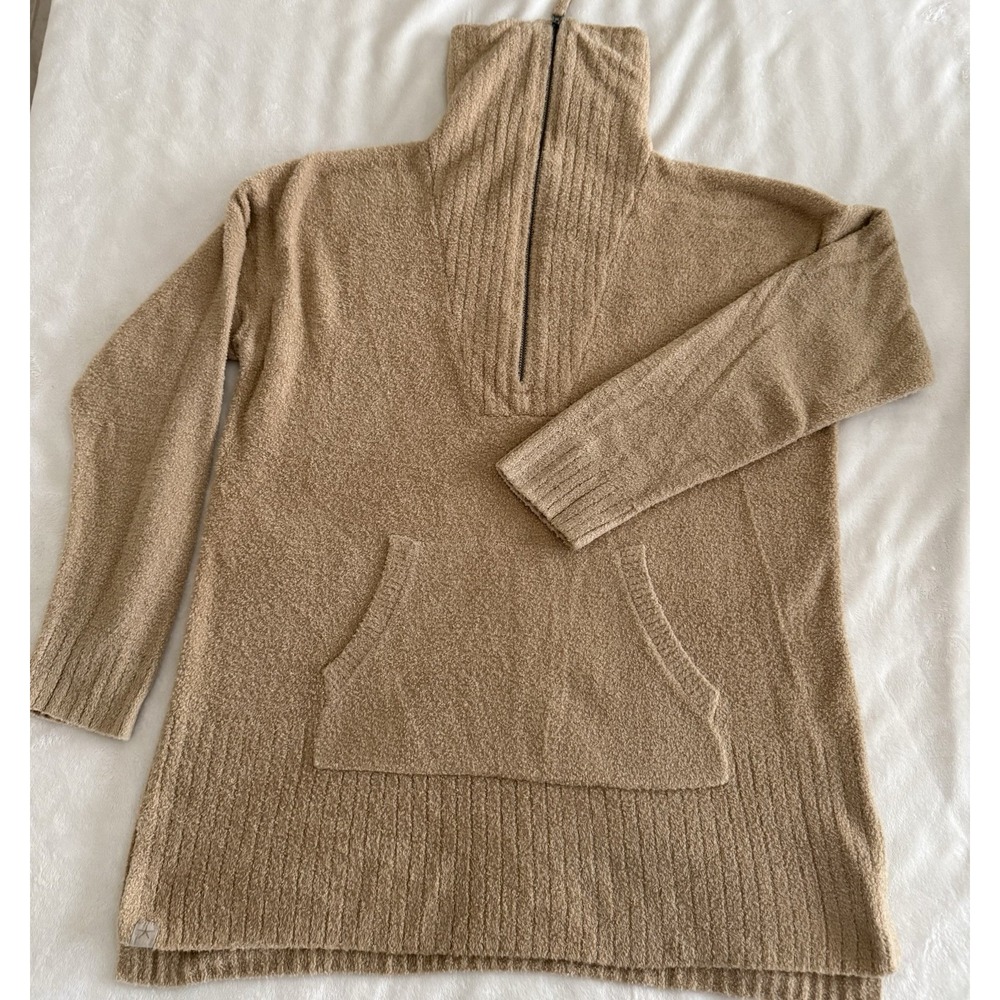 Barefoot Dreams CozyChic Lite Pullover Sweater 1/4 Zip Women M Tan